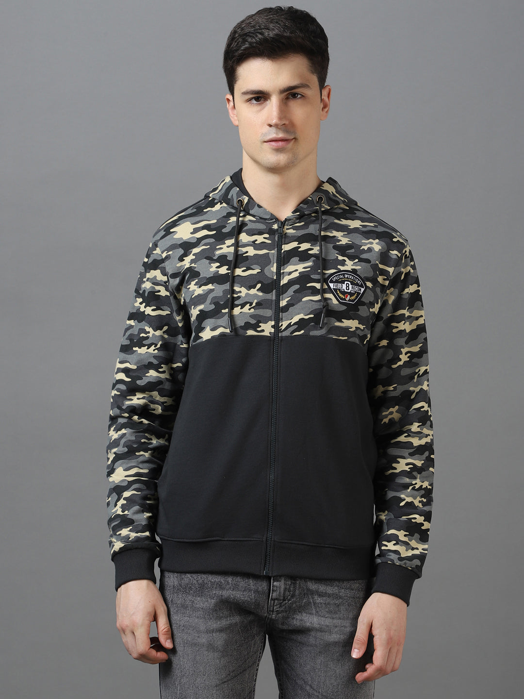Men's Grey Cotton Camouflage Printed Hooded Neck Sweatshirt