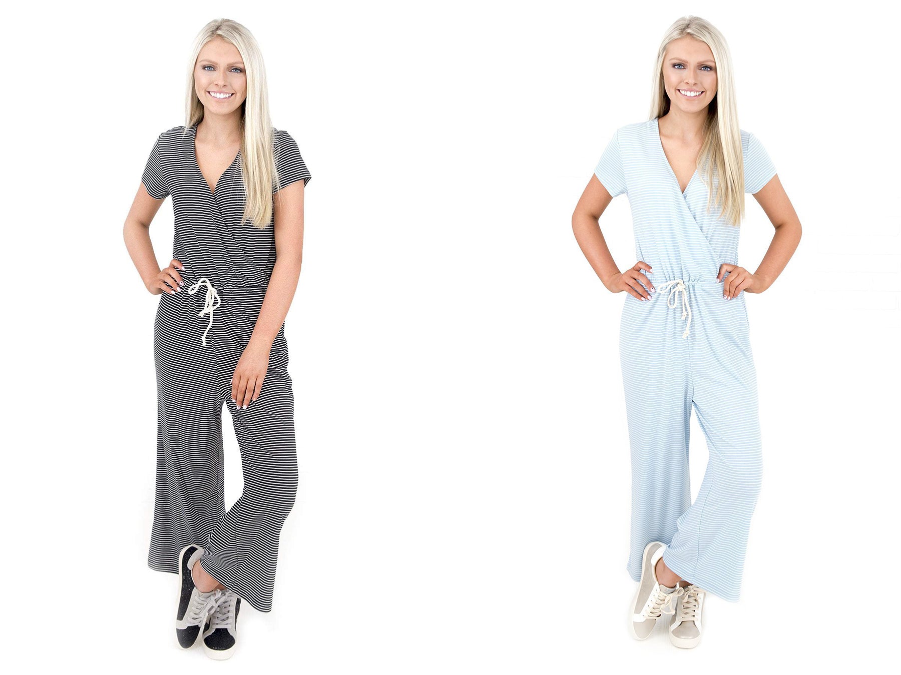 Women's Striped Wide Leg Jumpsuit at Eccentrics Boutique. Outfits to wear to the living room. What to wear during quarantine. Quarantine fashion.