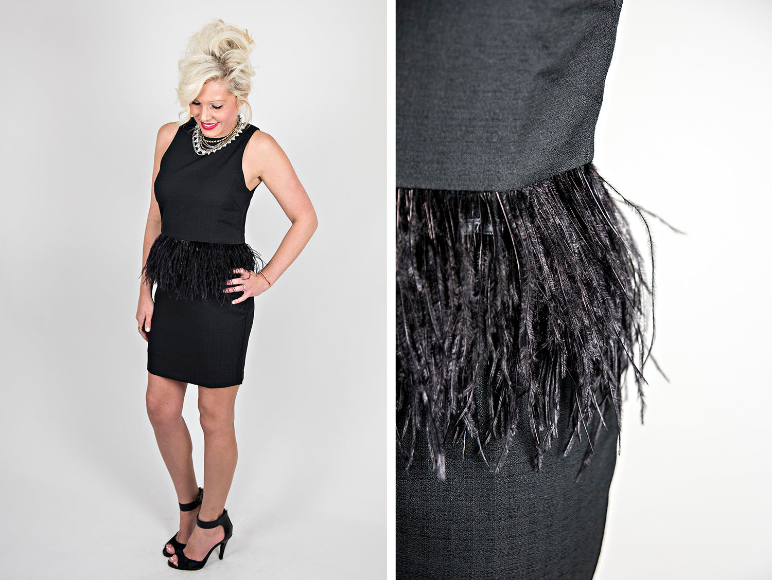 Black peplum dress with feathers.