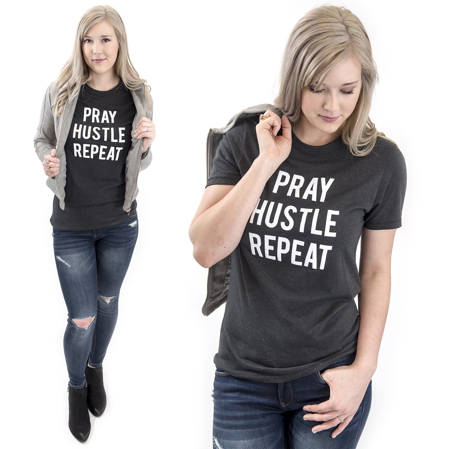 Pray Hustle Repeat Christian graphic tee at Eccentrics Boutique