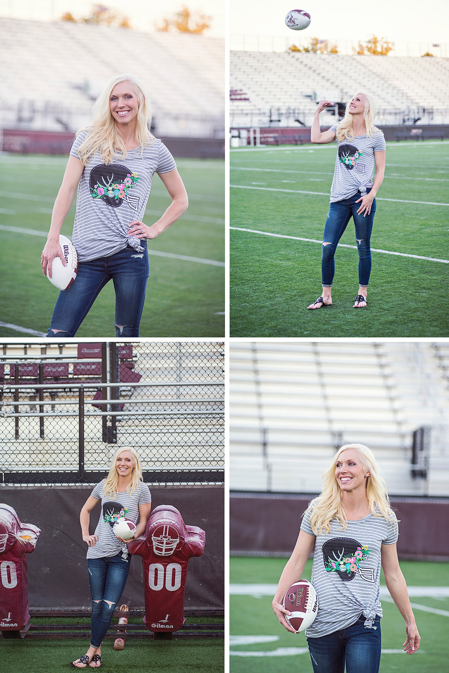 Women's tailgate outfit idea for college football. Judith March floral football helmet stripe tee with distressed denim and dolce vita booties.