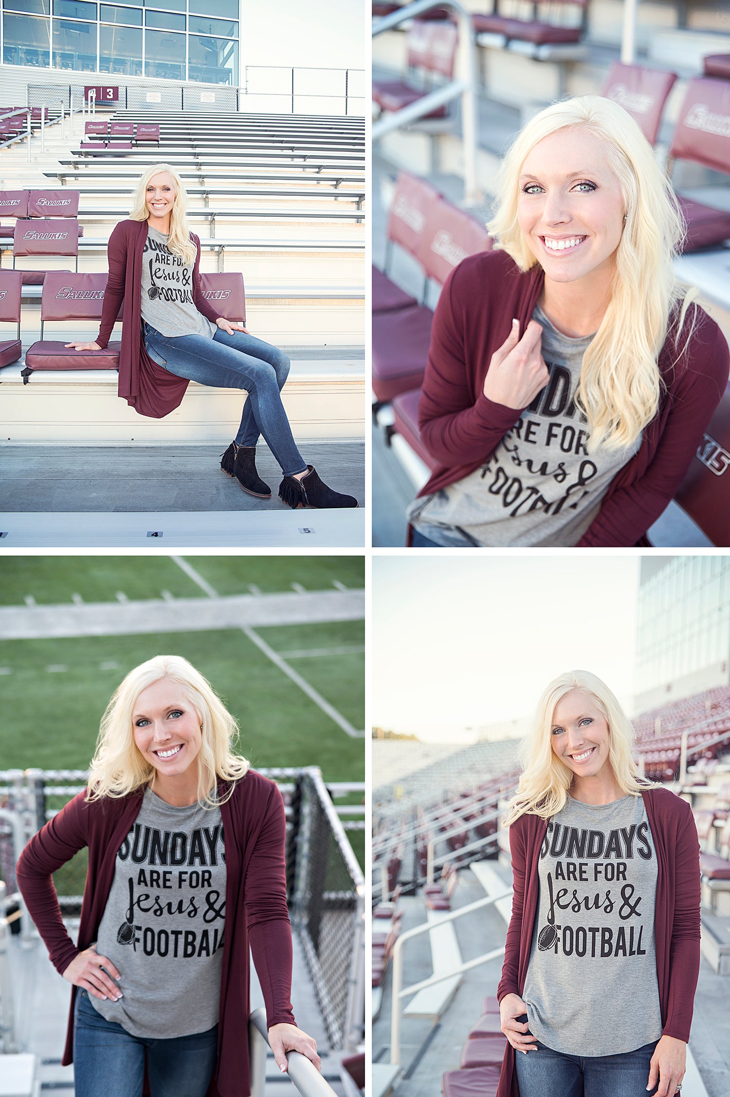 Grey Sunday Football Women's tee with maroon long sleeve open cardigan and distressed denim at Eccentrics Boutique
