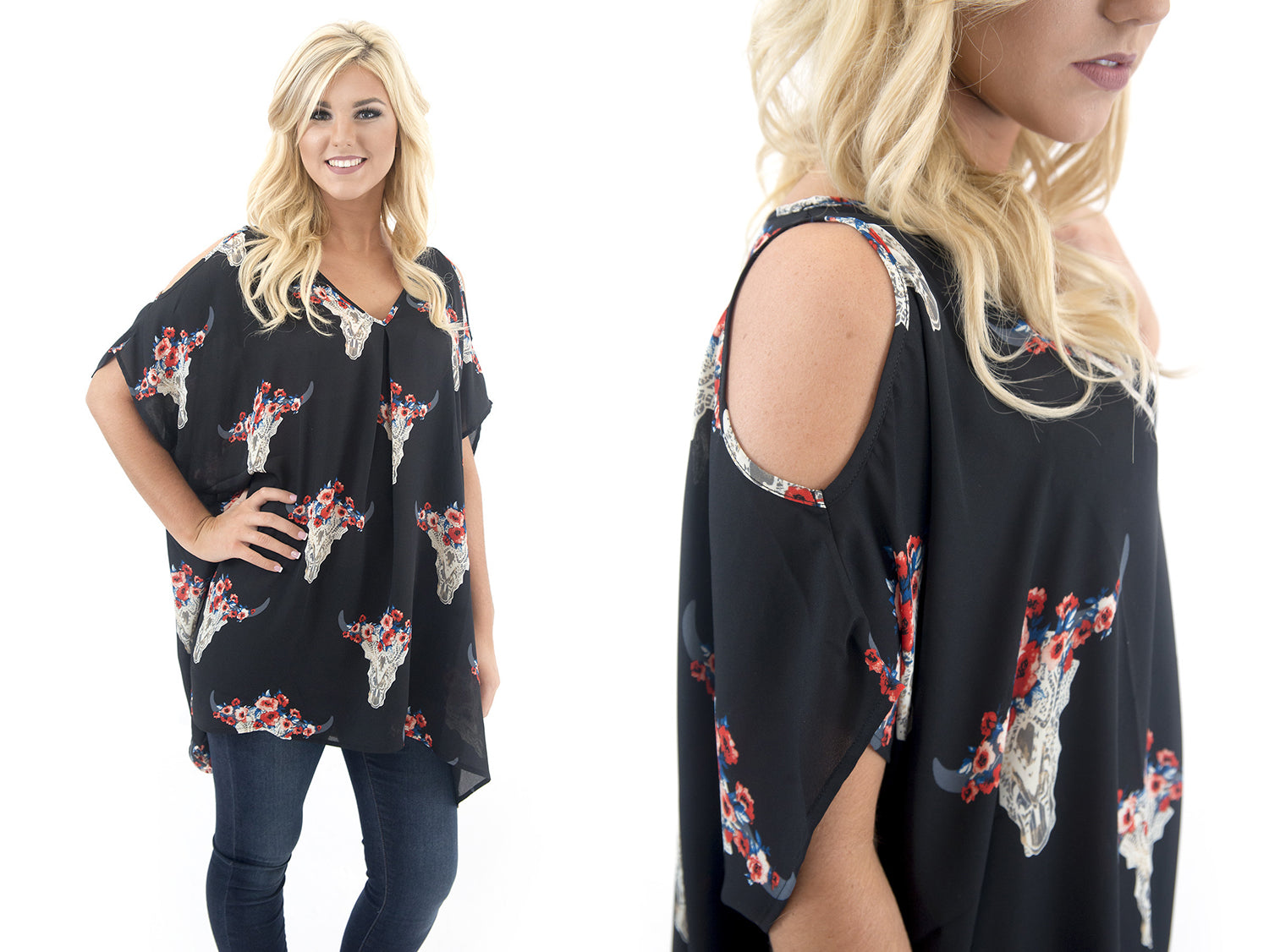 western skull and flower print cold shoulder tunic at Eccentrics Boutique