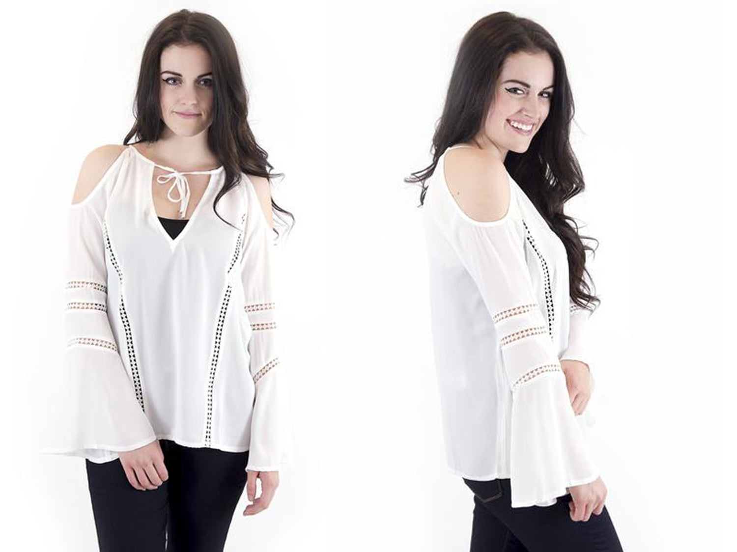 white peasant cold shoulder blouse with bell sleeves at Eccentrics Boutique