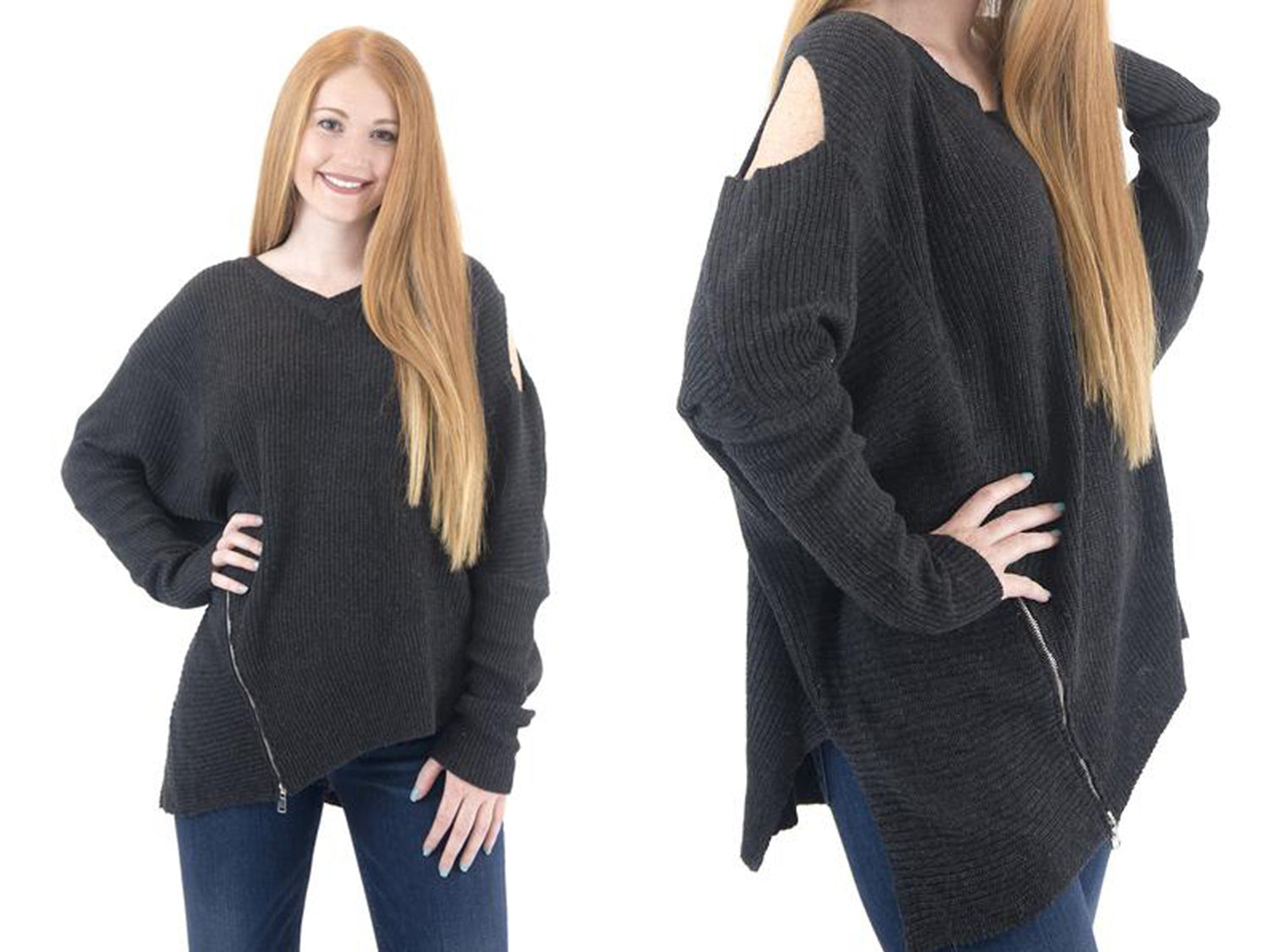long sleeve cold shoulder oversized sweater with side zipper detail at Eccentrics Boutique