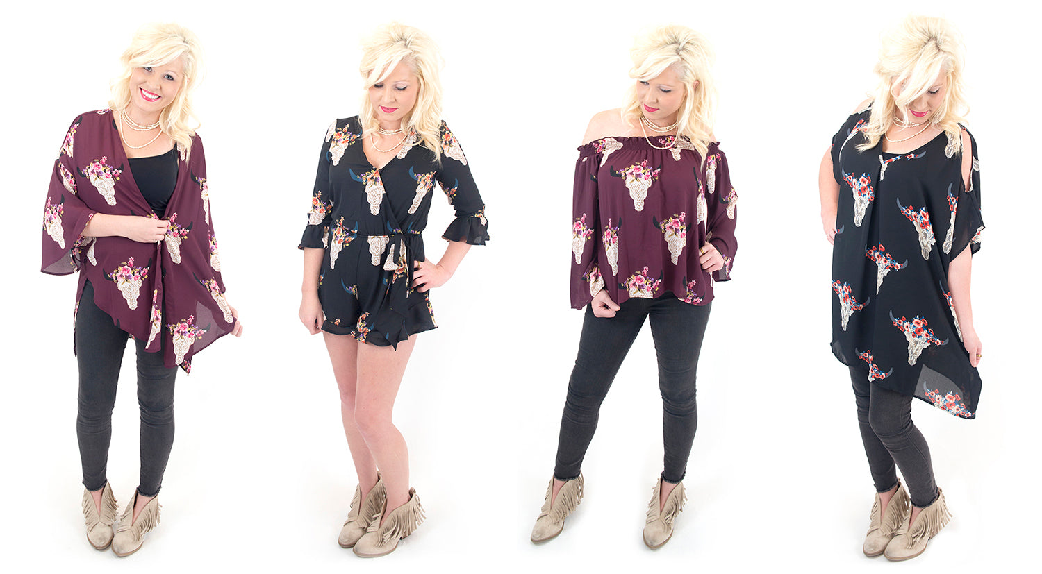 Lauren's favorite fall trend is bullhead floral print romper, kimono, off the shoulder top and tunic