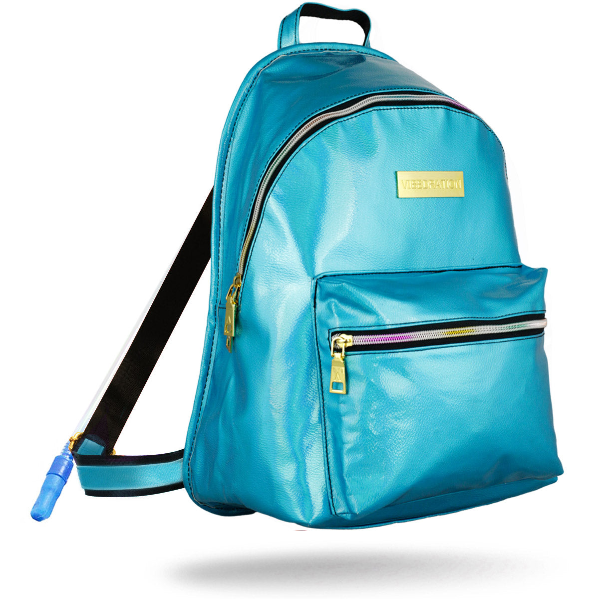 Teal leather designer hydration pack with rainbow zippers and gold logo plate.