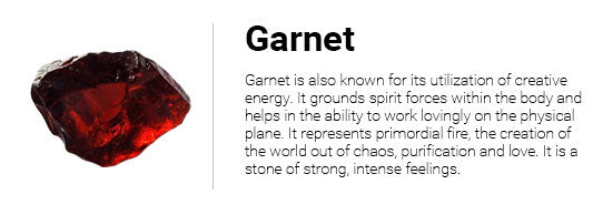Garnet is also known for its utilization of creative energy. It grounds spirit forces within the body and helps in the ability to work lovingly on the physical plane. It represents primordial fire, the creation of the world out of chaos, purification and love. It is a stone of strong, intense feelings.