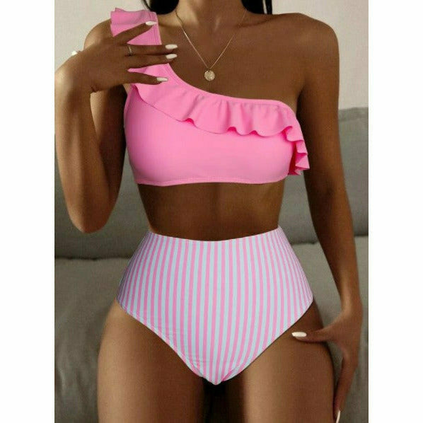 Cotton Candy Pink Stripe High Waisted Bikini