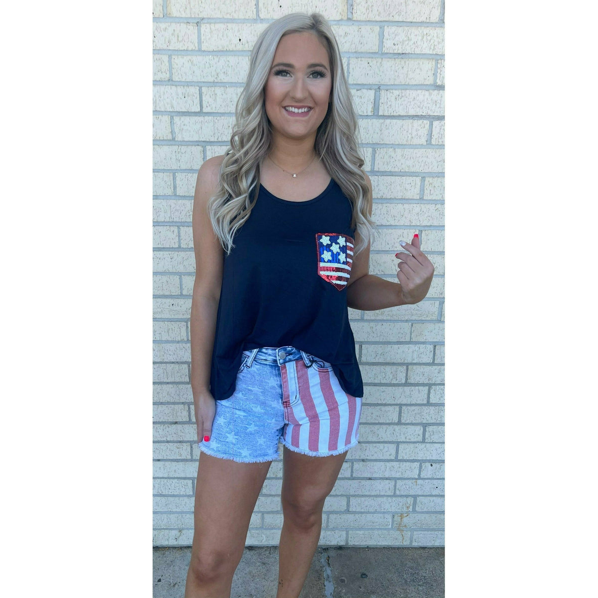 Nellie Navy Sequin Flag  Tank Top