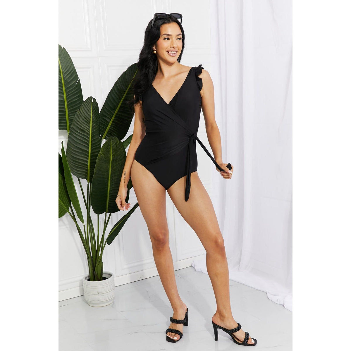 Marina West Swim Full Size Float On Ruffle Faux Wrap One-Piece in Black