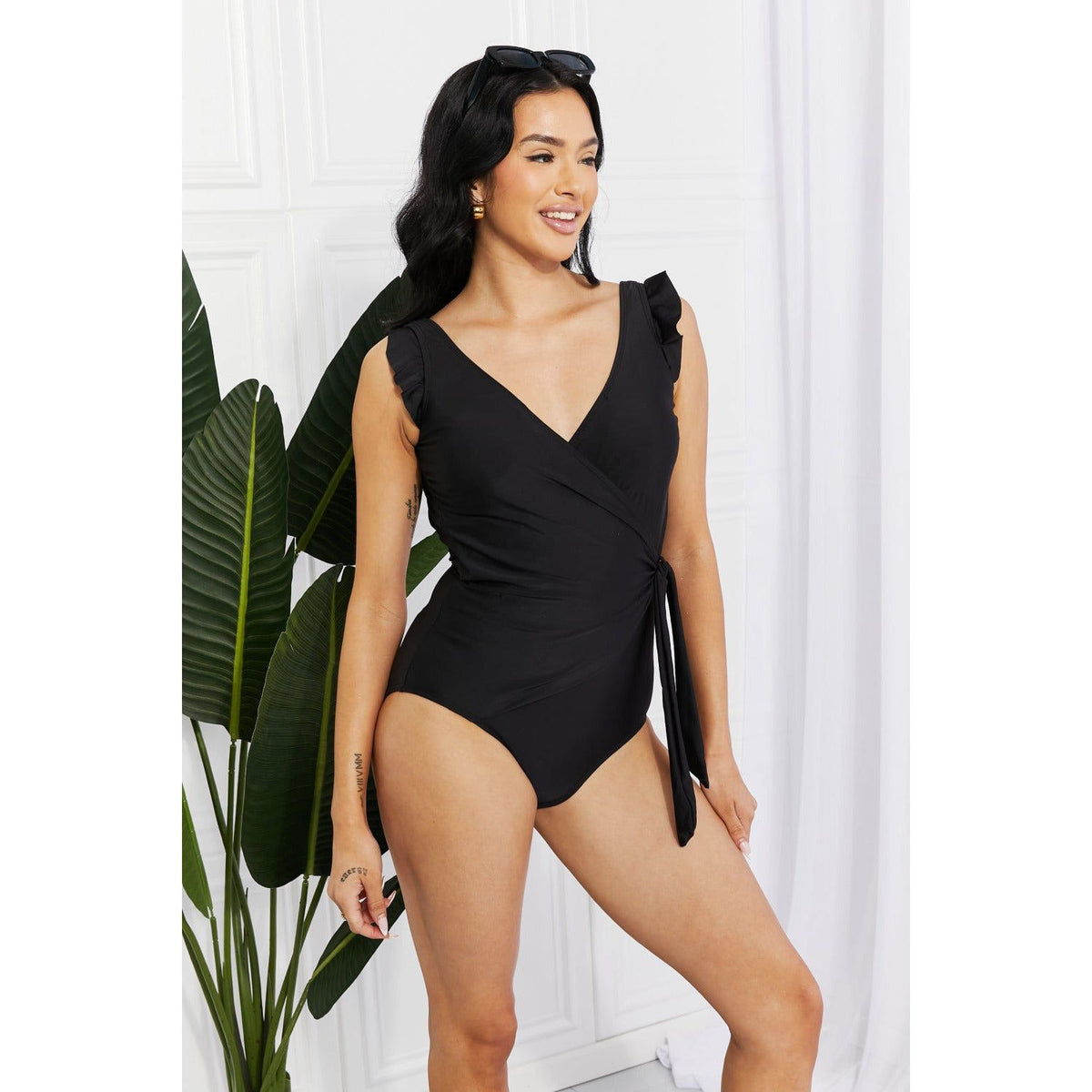 Marina West Swim Full Size Float On Ruffle Faux Wrap One-Piece in Black