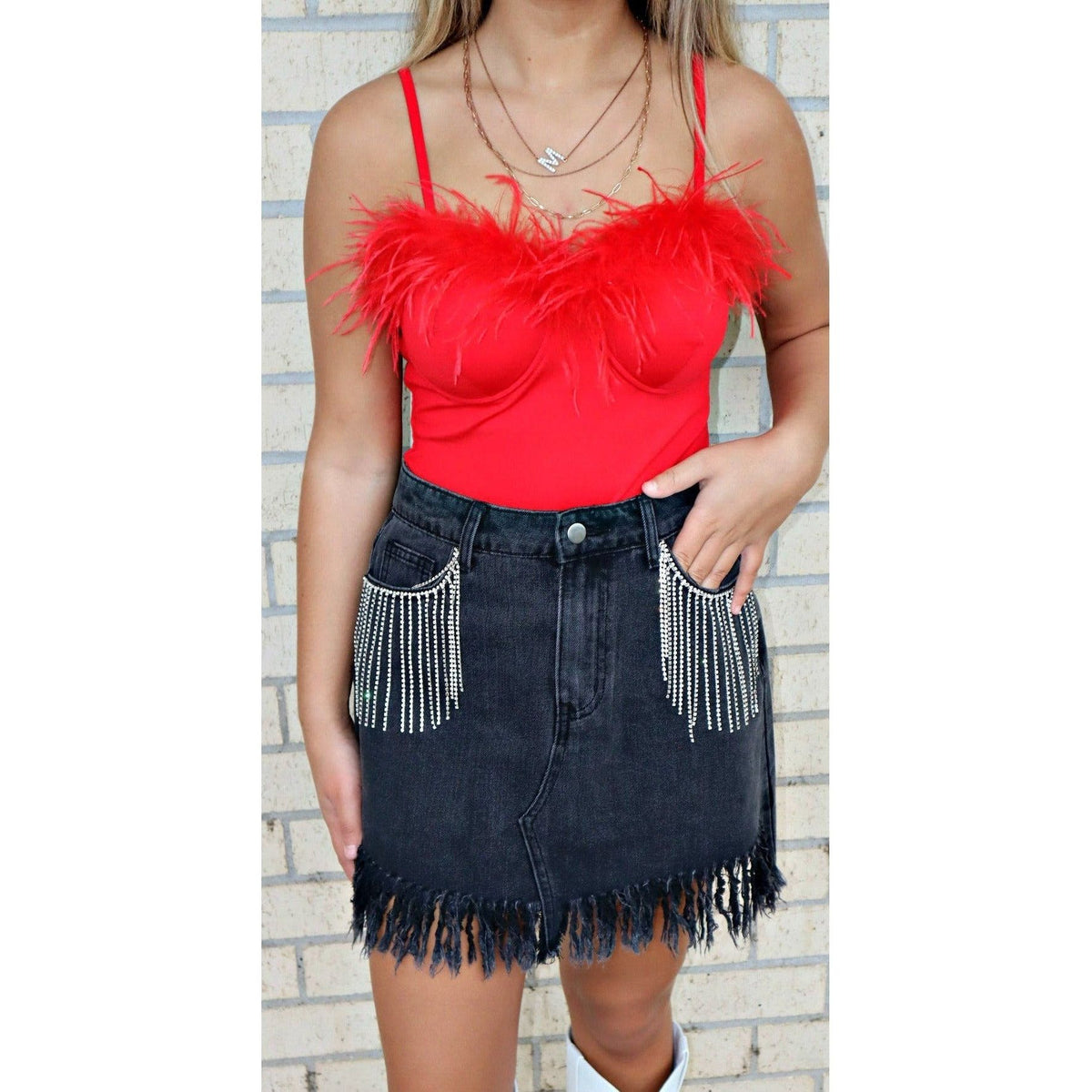 Vegas red feather bodysuit