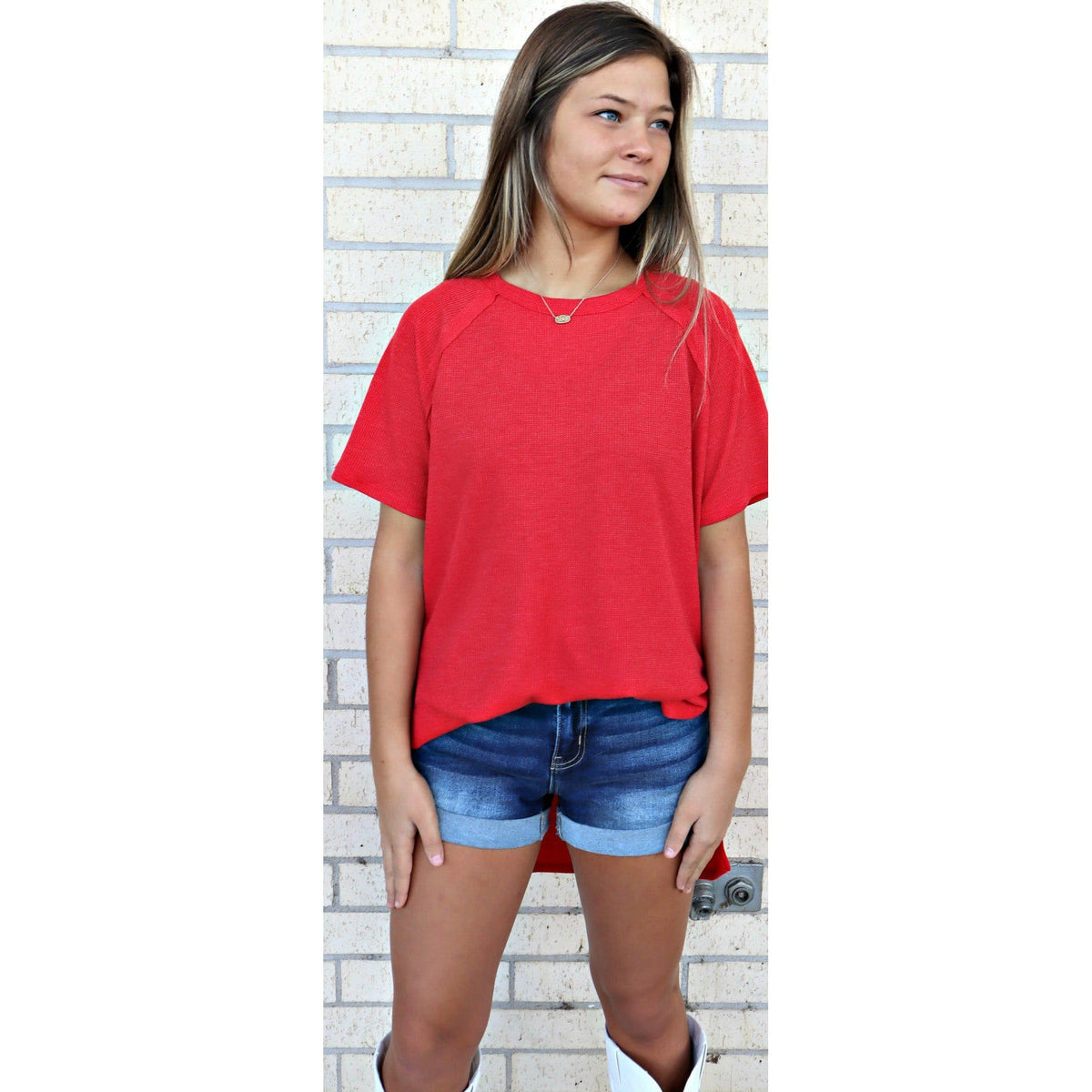 Red Mel Soft Waffle Short Sleeve HI-LOW Top (regular and plus)