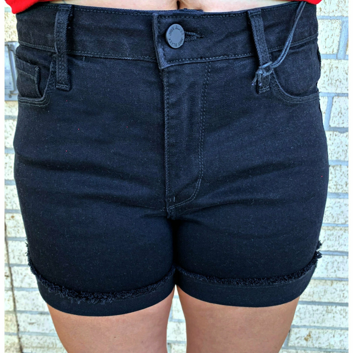 Black Denim Cuff Shorts Mid Rise