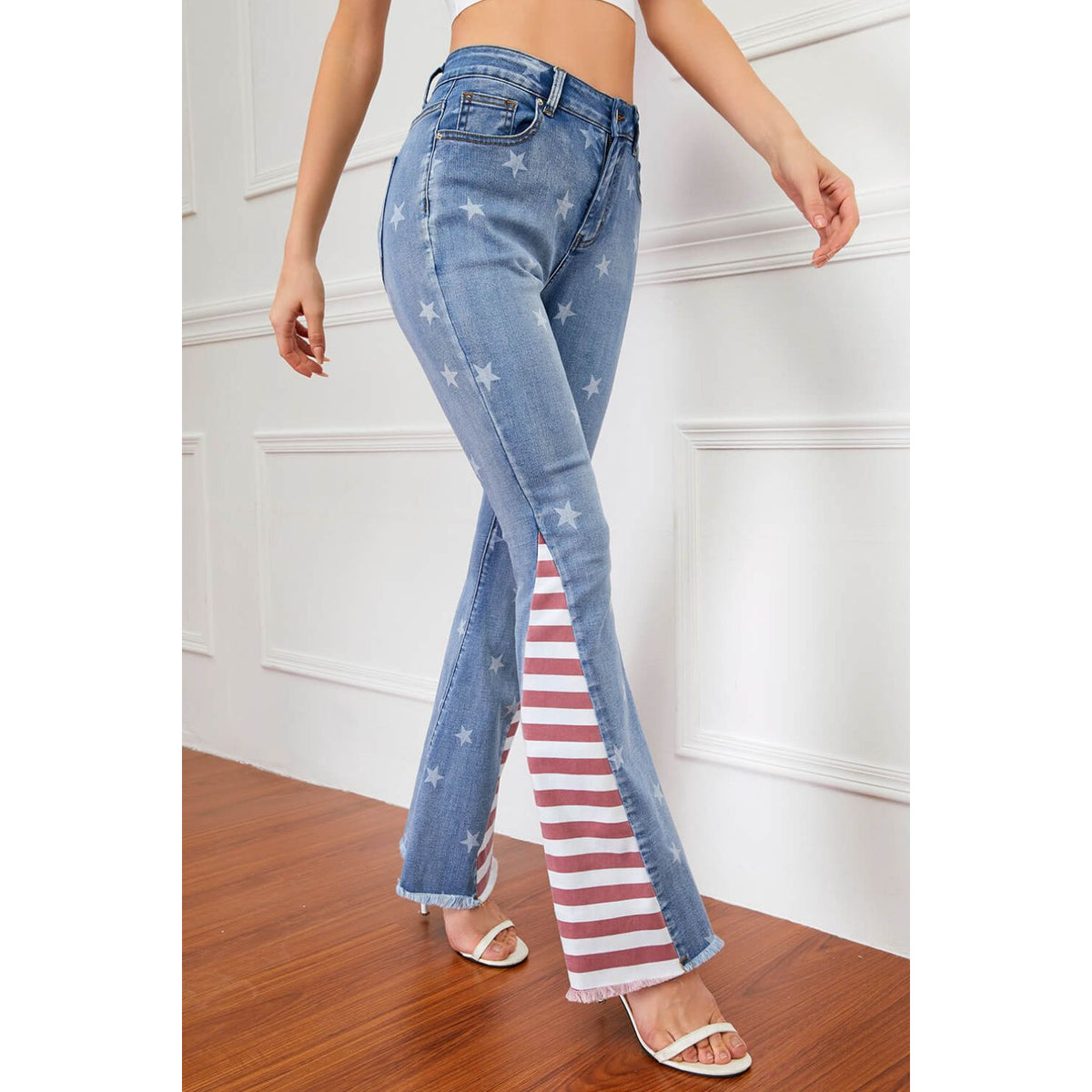 Full Size US Flag Frayed Hem Flare Jeans