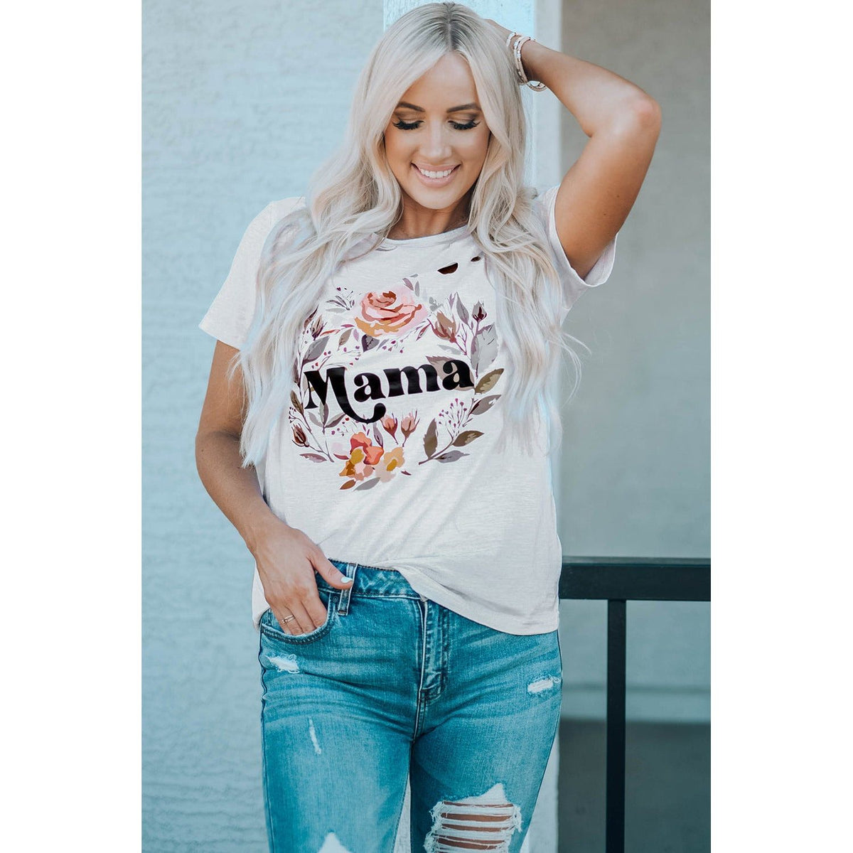 MAMA Floral Graphic Distressed Tee