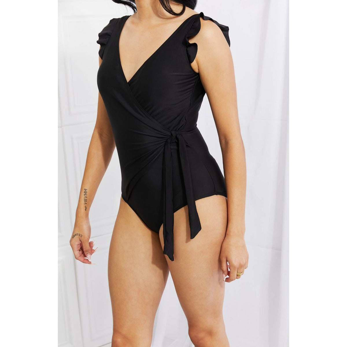 Marina West Swim Full Size Float On Ruffle Faux Wrap One-Piece in Black