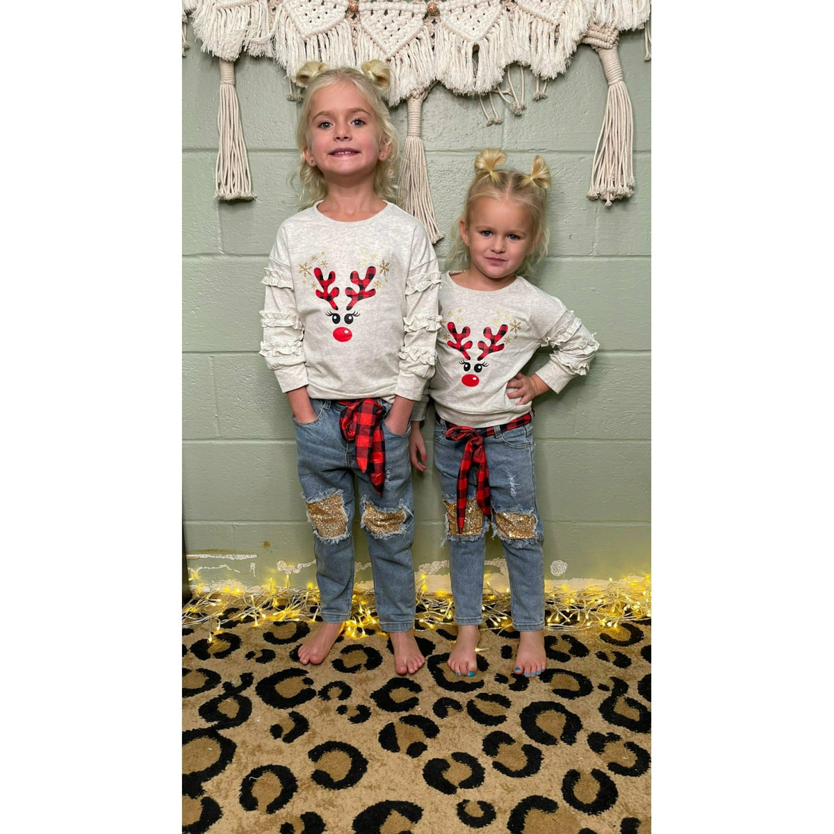 Sequin Reindeer Denim/Top set with Belt Kids