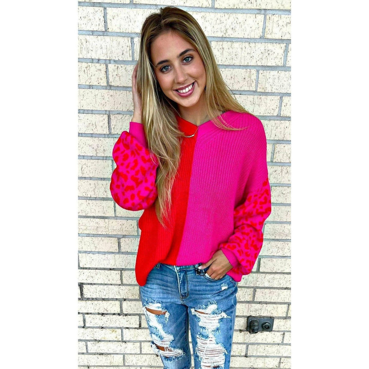 Dee Elli Pink/Red Leopard Sleeve Sweater