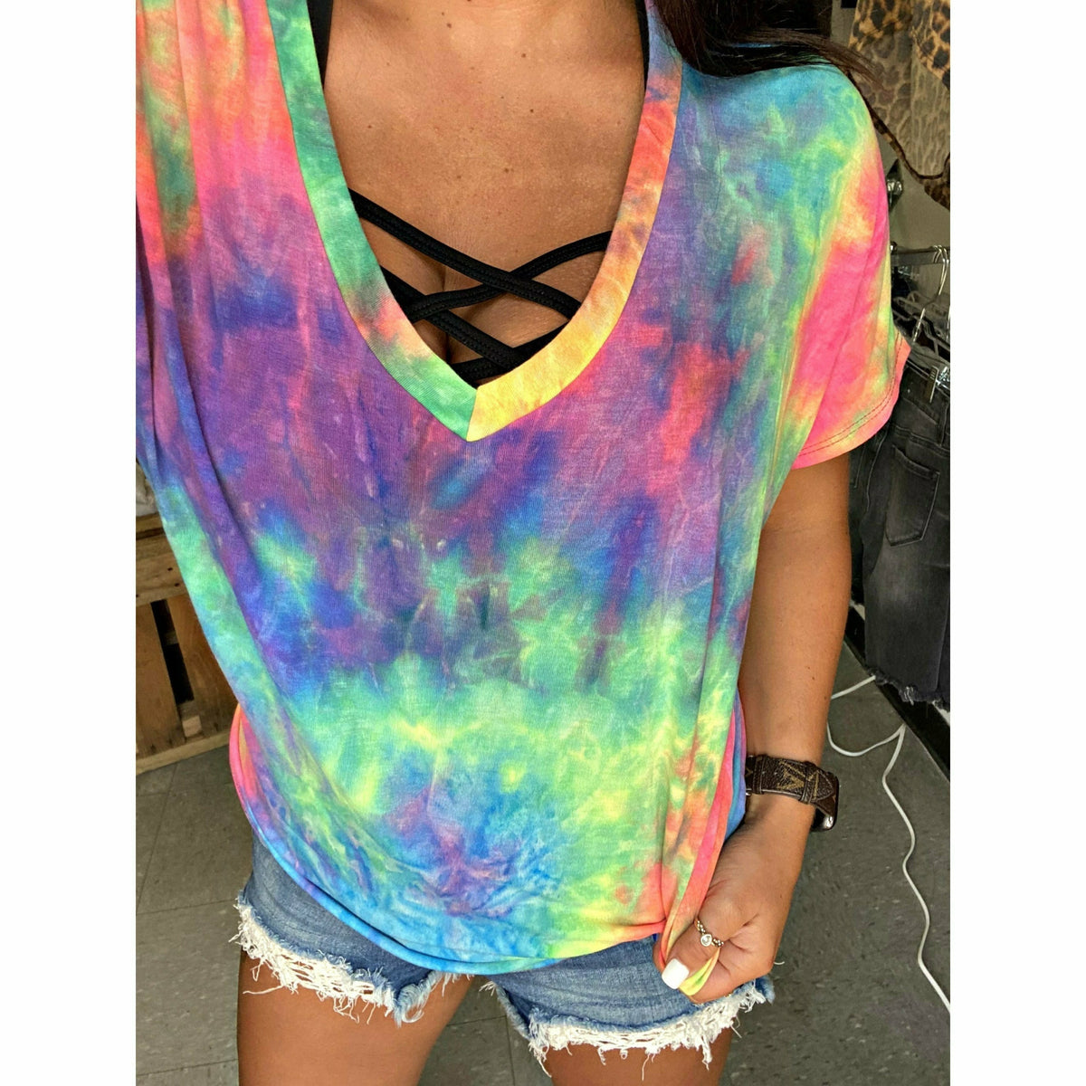 Bright Blazin’ tie dye V neck boutique