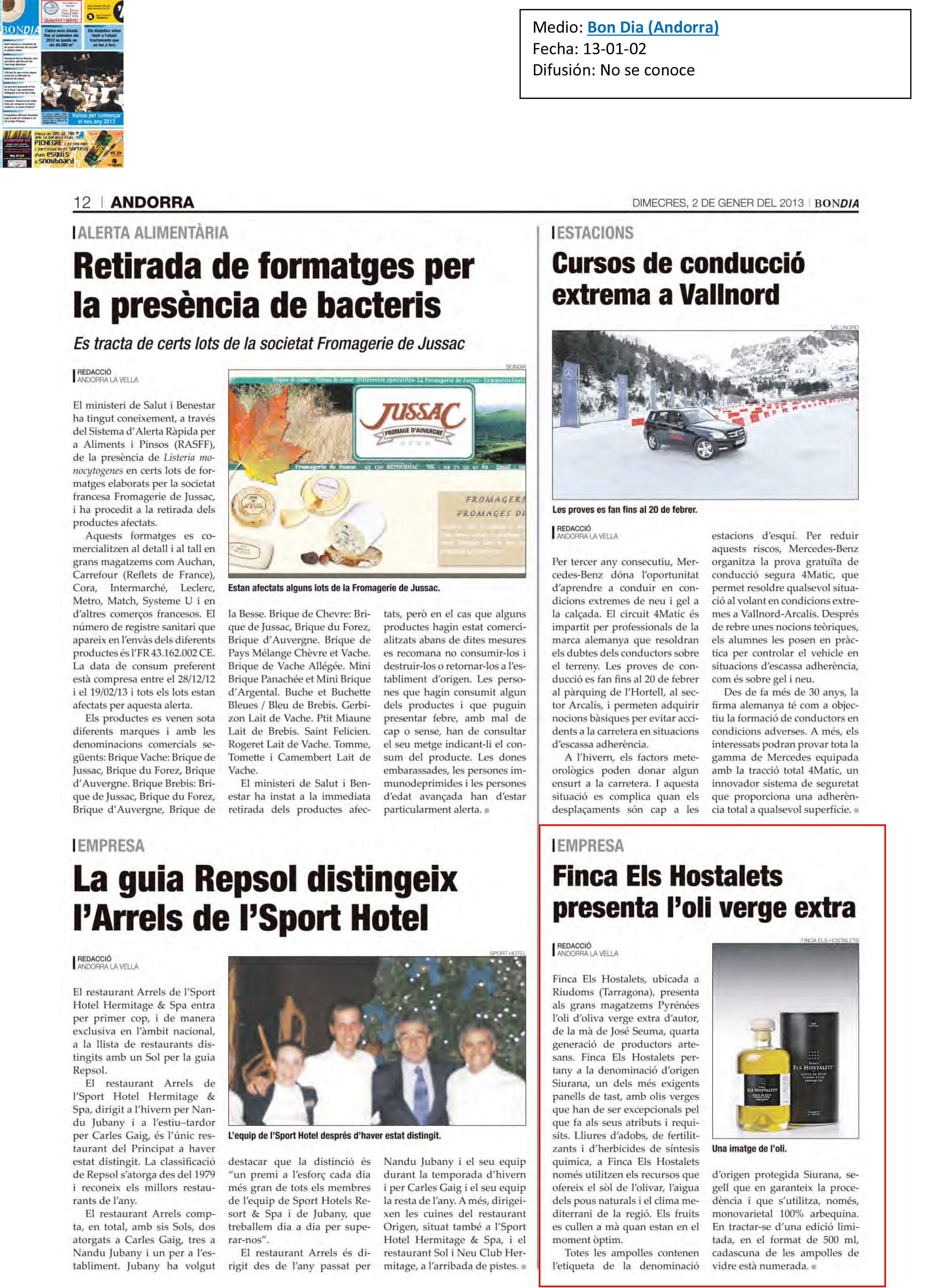 Aceite Finca Hostalets en diari Andorra