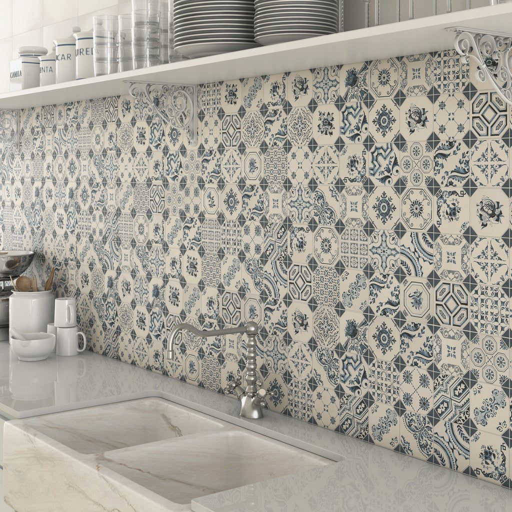 Blue & White kitchen splashback mosaic tiles