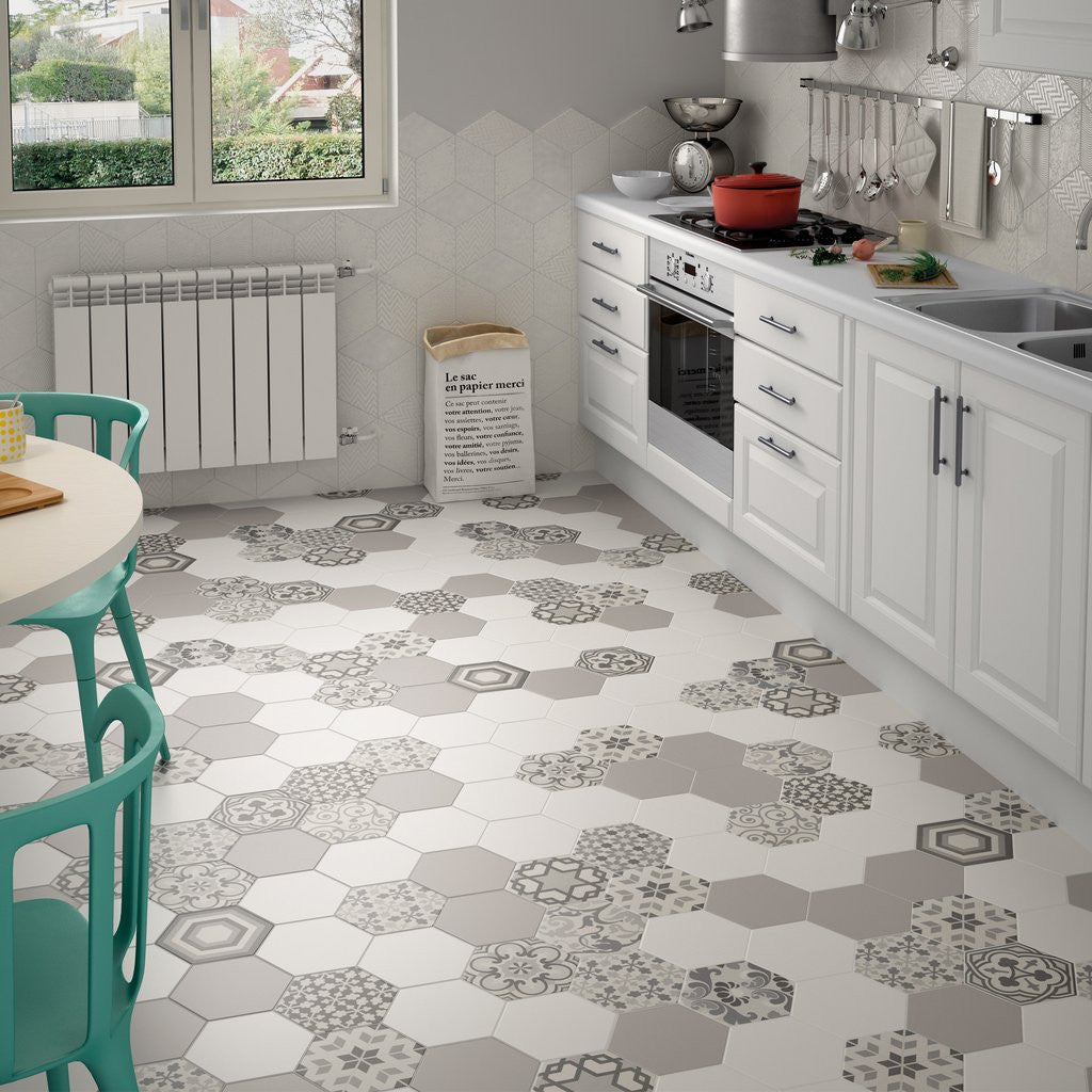 Unusual hexagon pattern effect kitchen floor tiles