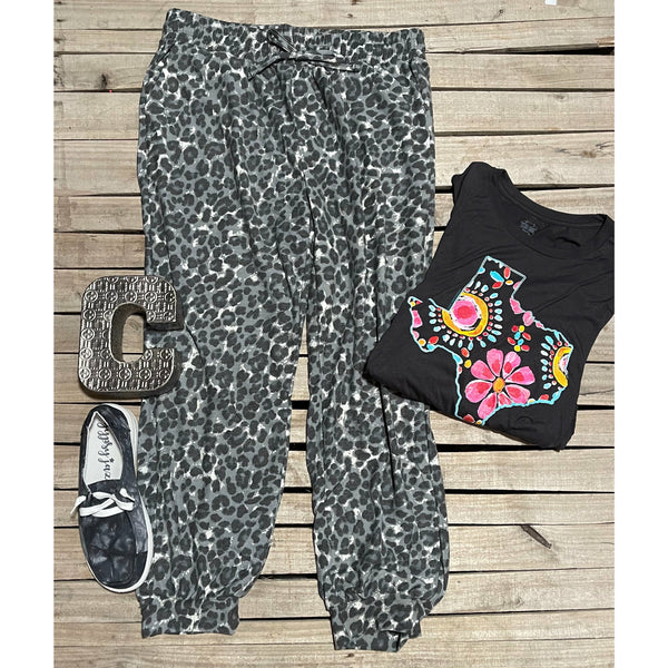 Grey leopard joggers