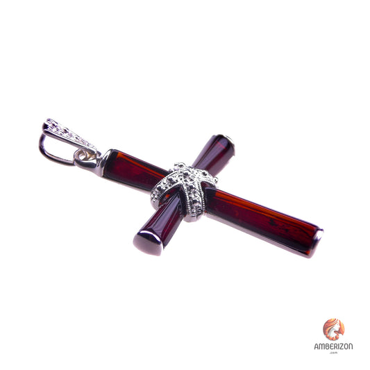 Catholic amber pendant - Dark cherry amber & 925 sterling silver