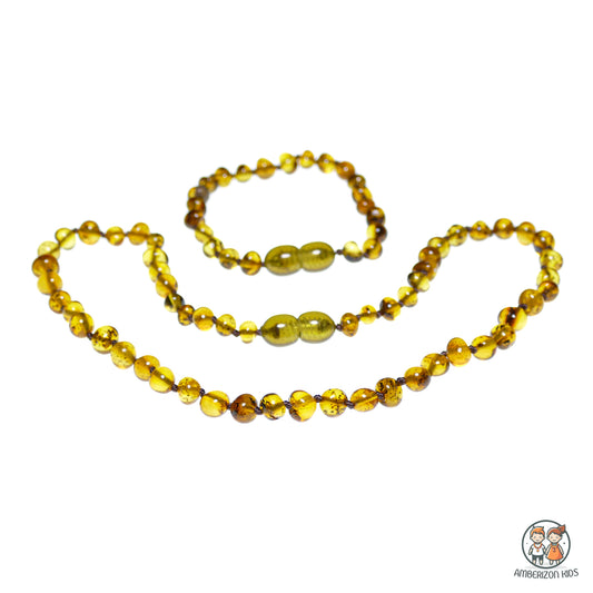 Matching Baby amber jewelry set - Baby bracelet + baby necklace - Lemon-green beads