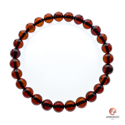 Polished cherry amber ball bracelet - Premium AAA quality round beads - Stretchy