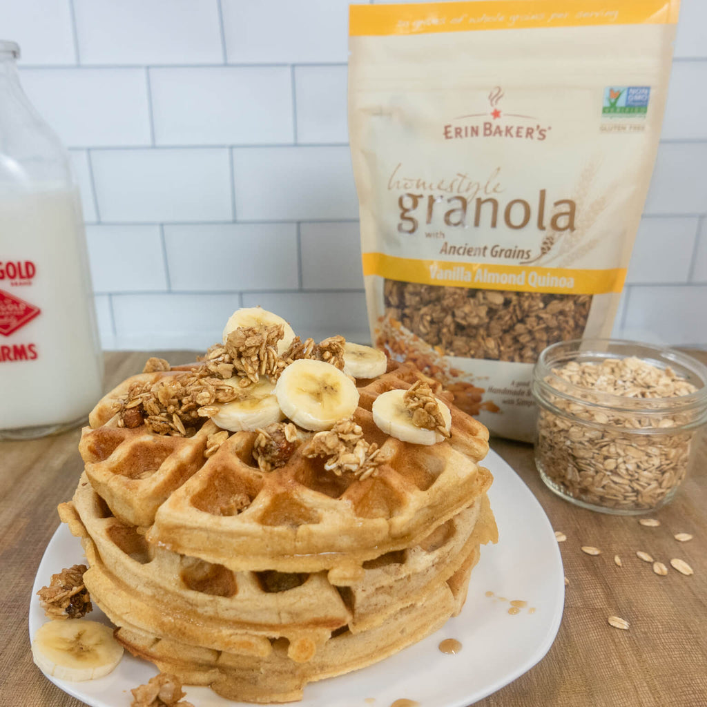 gluten free oat waffles topped with vanilla almond quinoa granola