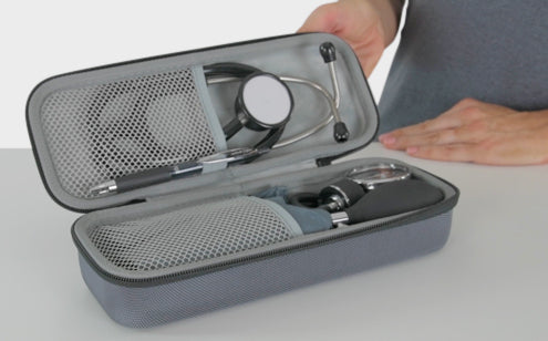 Stethoscope case with stethoscope, sphygmomanometer and penlight