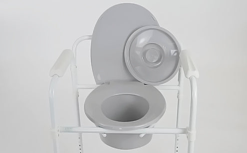 gray commode with pail lid off