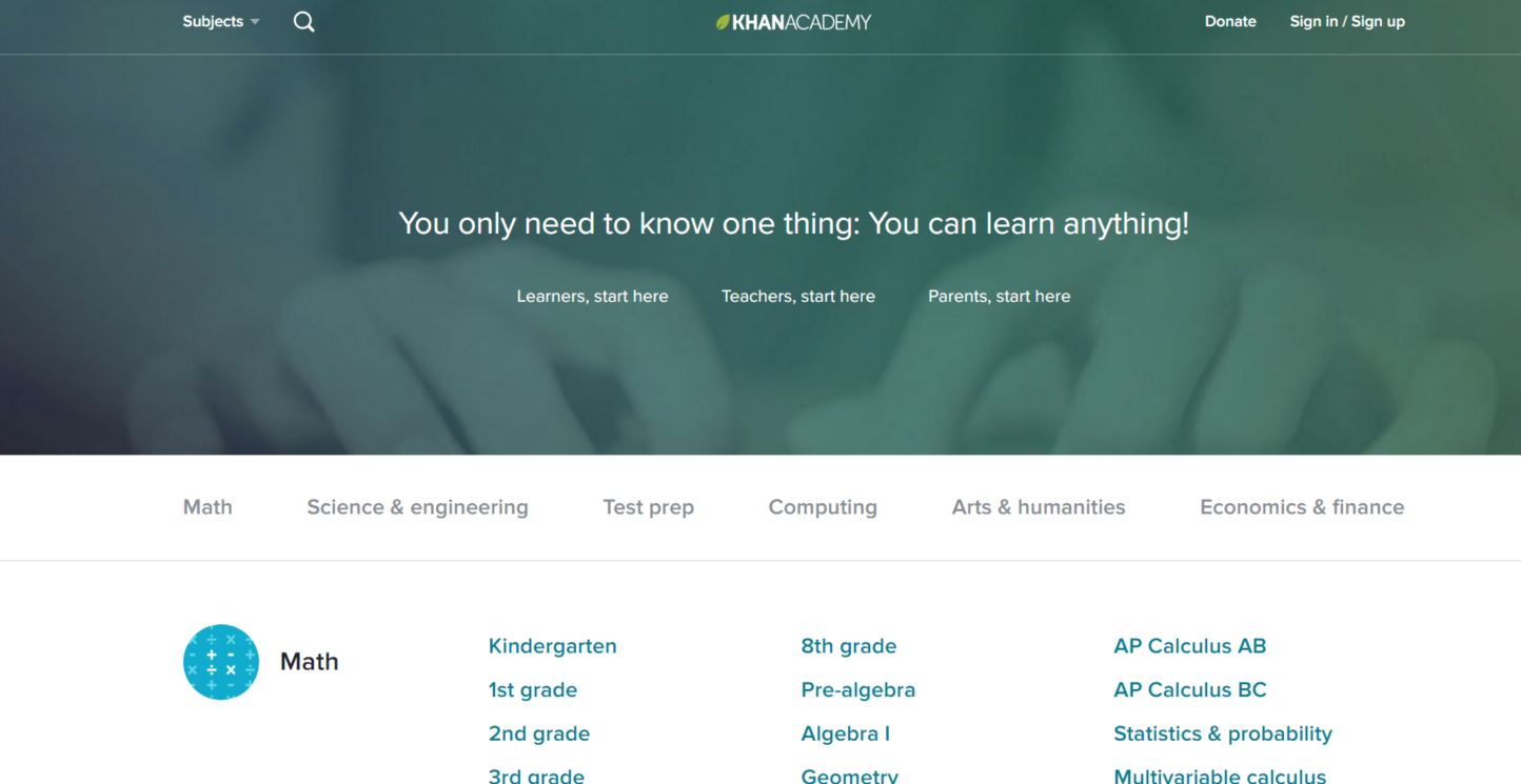 khan academy homepage