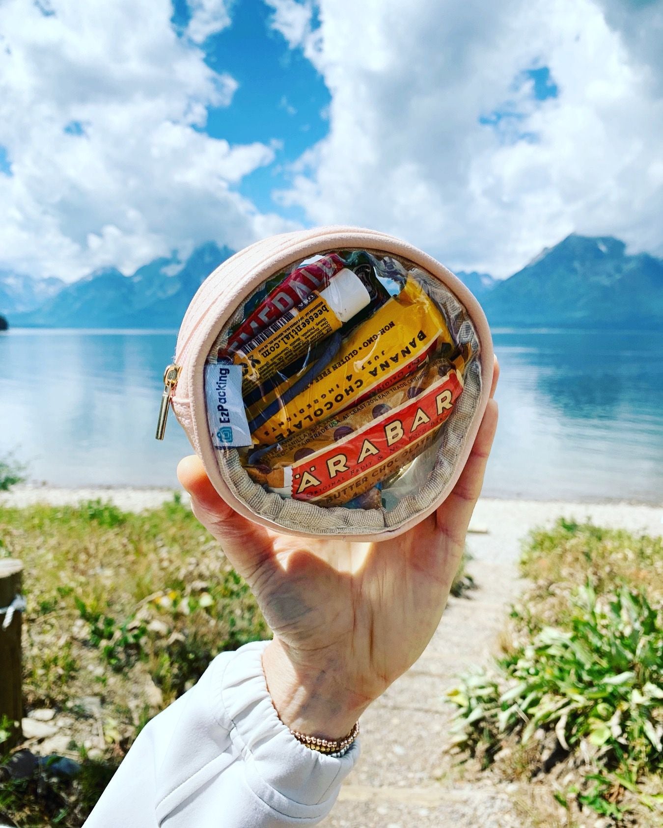 Camping snacks in a clear circle pouch