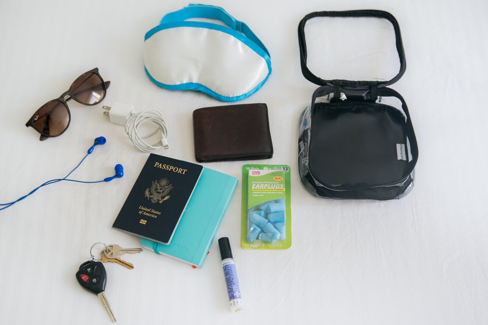 Carry-on items and documents for tropical vacation packing list