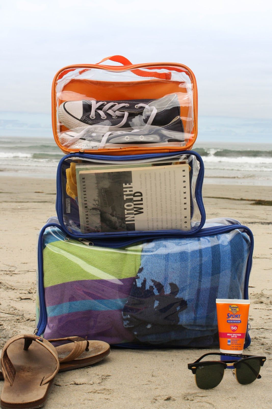 Large packing cube used as beach tote