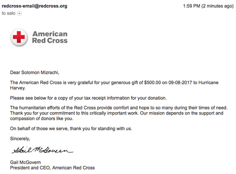 Our email confirmation from the Red Cross. $500 donation from EzPacking