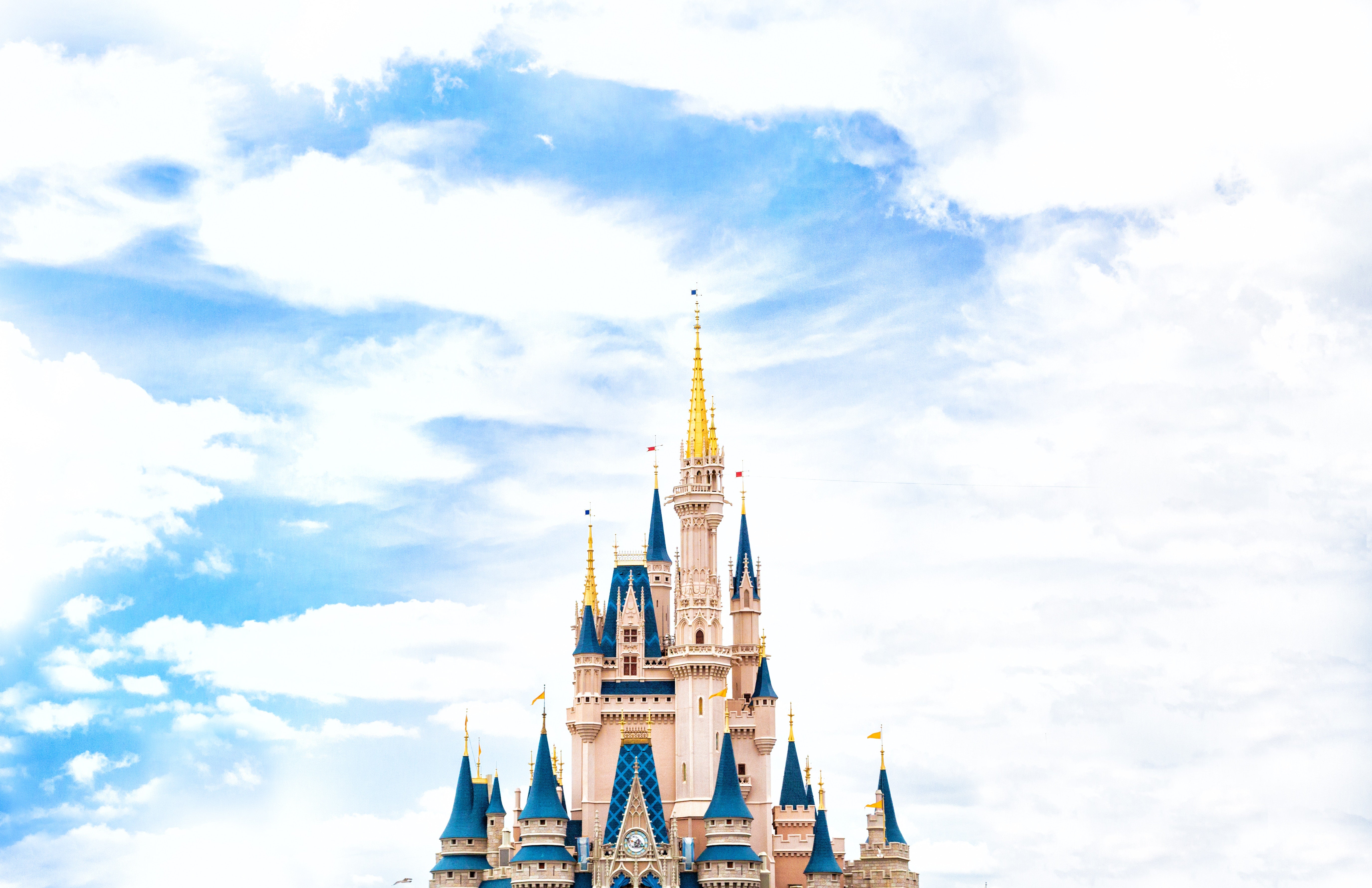 Sleeping Beauty's Castle Towers in Disneyland California with clear blue sky