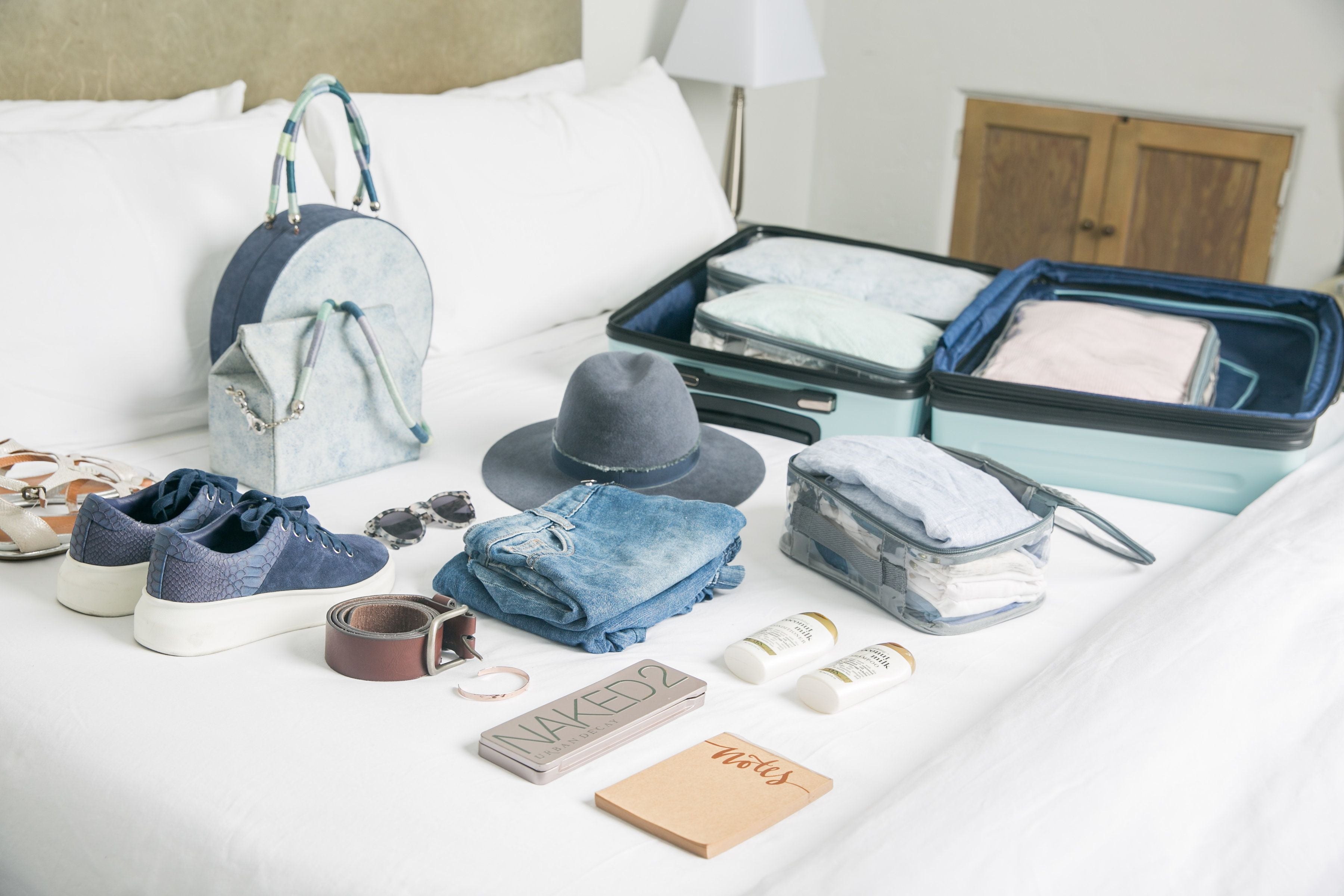 Travel essentials in a carry-on bag