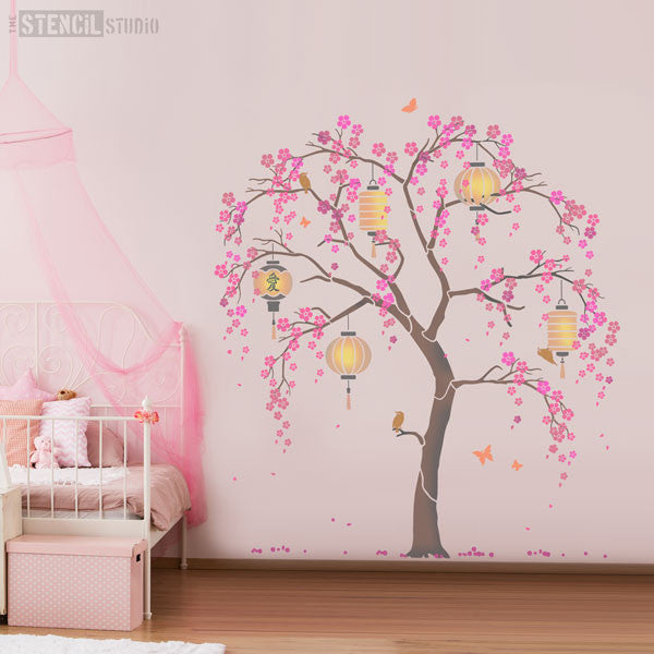 Pink room scheme, oriental cherry blossom tree stencil pack from The Stencil Studio