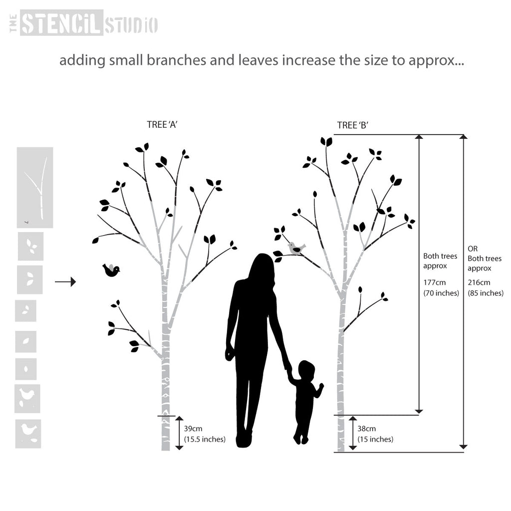 Finished Birch tree sizes are approximate as it really depends on how you use the trunk and small branch stencils