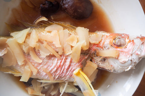 Steamed brown striped snapper teochew style