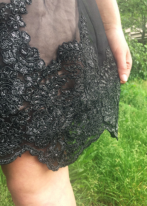 black lace princess seam dress