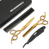Set Dry Cutting Shears with black straight razor, comb and leather pouch