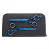 blue colored hair thinner and scissor lying on black leather pouch