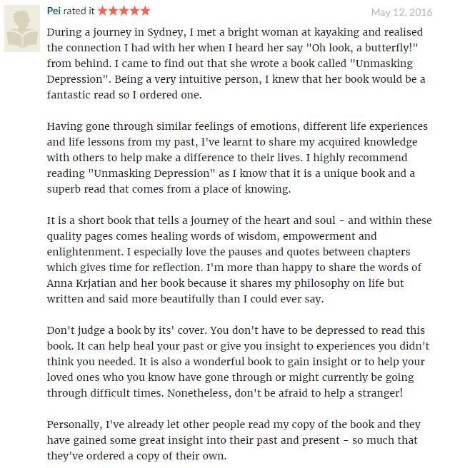 GoodReads reviews from readers of "Unmasking Depression" Part 6