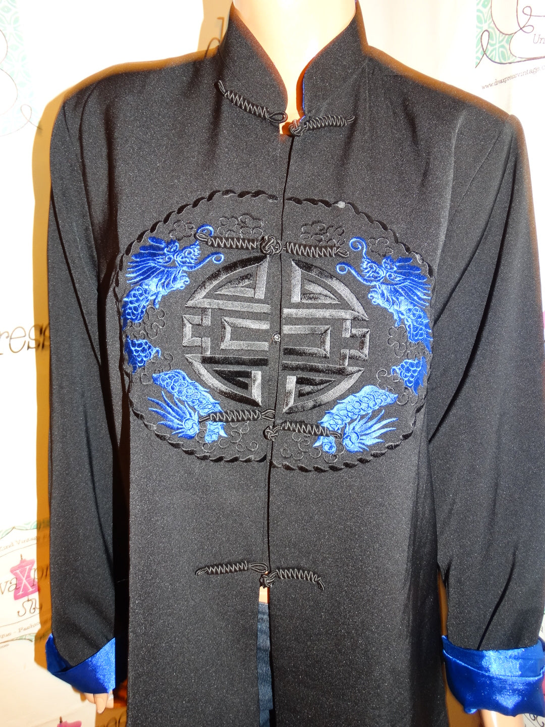 Vintage Silver Dragon Black/Blue Dragon Asian Blazer Size L